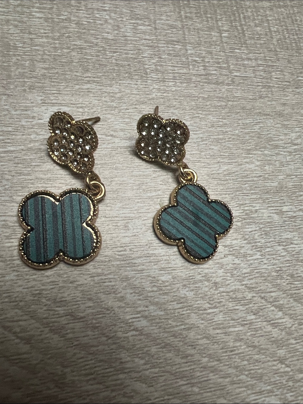 Gold-Tone Clover Drop Earrings with Teal Striped Inlay